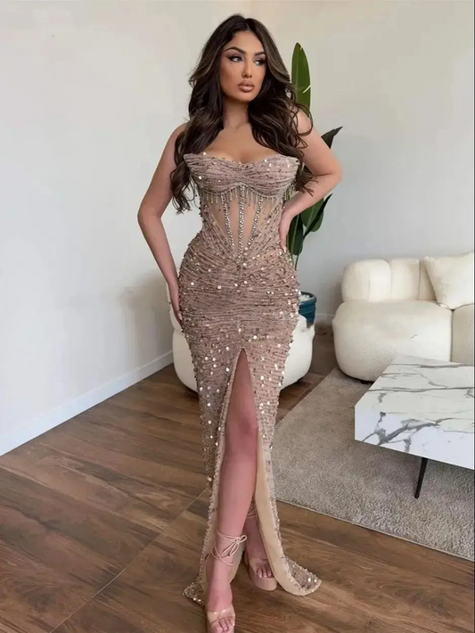 Vestido de noche de sirena con purpurina color champán de lujo, escote corazón, hombros descubiertos, abertura lateral, lentejuelas, largo hasta el suelo, vestido de fiesta sexy