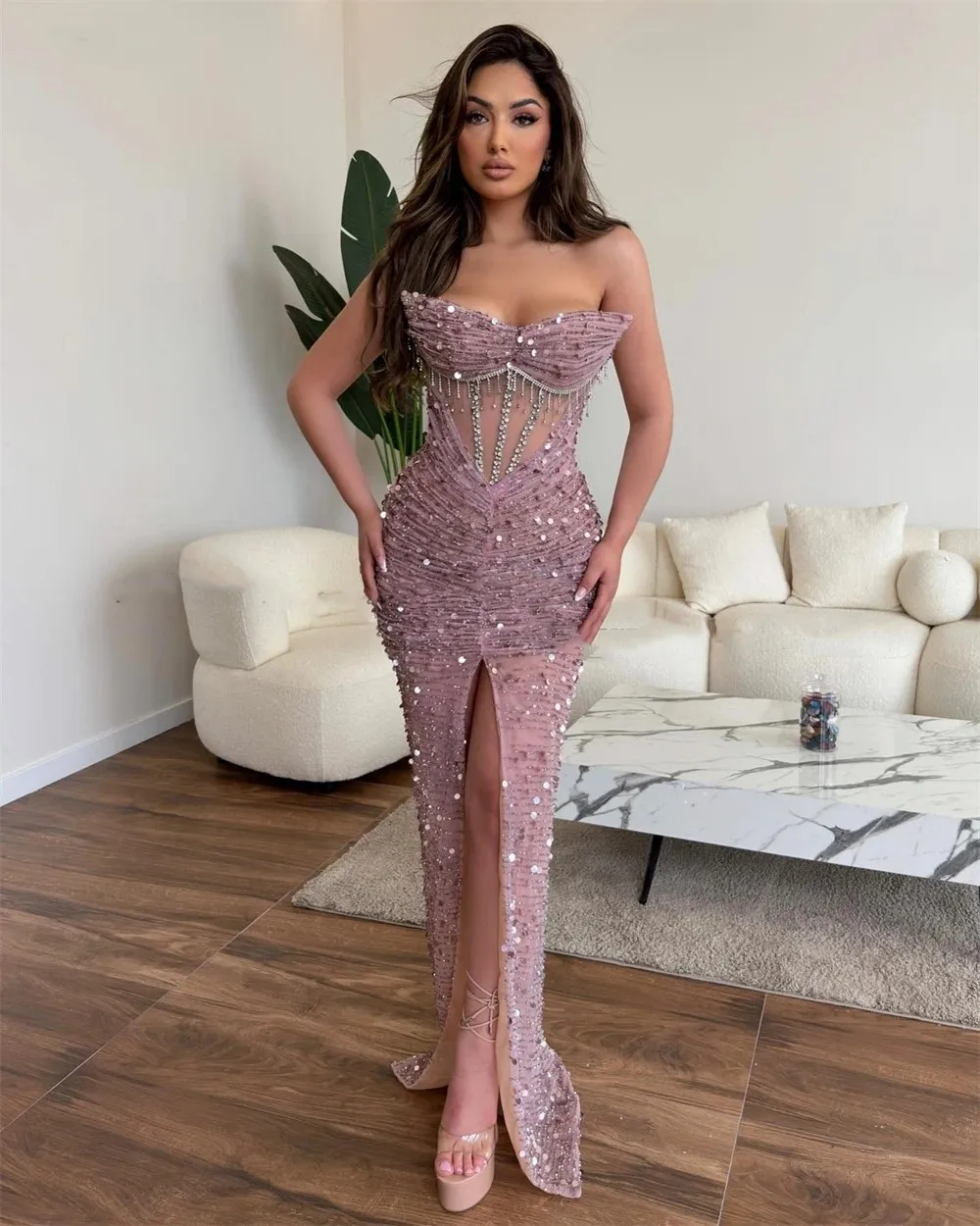Vestido de noche de sirena con purpurina color champán de lujo, escote corazón, hombros descubiertos, abertura lateral, lentejuelas, largo hasta el suelo, vestido de fiesta sexy