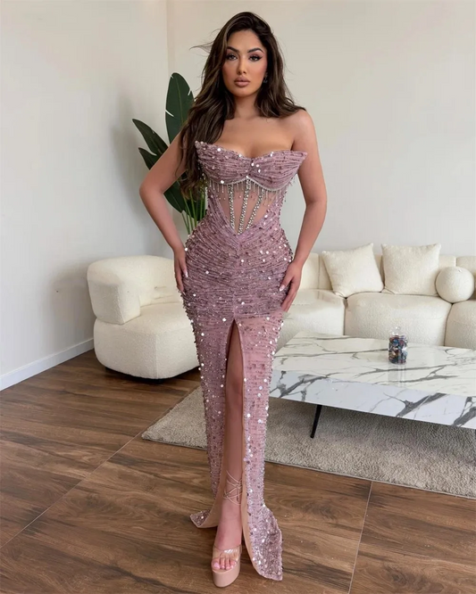 Vestido de noche de sirena con purpurina color champán de lujo, escote corazón, hombros descubiertos, abertura lateral, lentejuelas, largo hasta el suelo, vestido de fiesta sexy