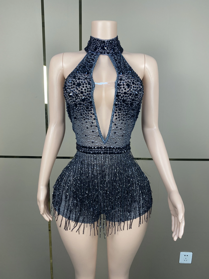 Costume Birthday Party Outfit DressRhinestones Pearls Transparent Dress Dance Show Women New Sexy Fashion Gold