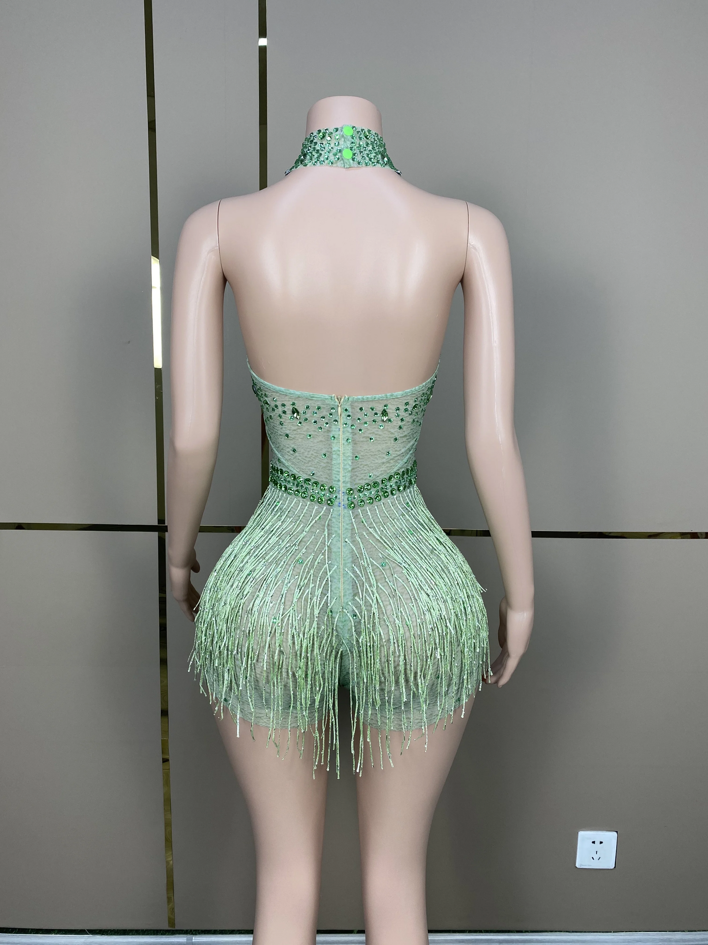 Costume Birthday Party Outfit DressRhinestones Pearls Transparent Dress Dance Show Women New Sexy Fashion Gold