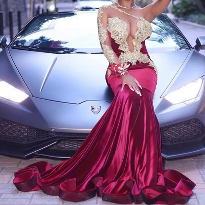 Luxury Deep V-neck Evening Dresses Mermaid Beaded One Long Sleeves Prom Gowns Black Girls Birthday Party Formal