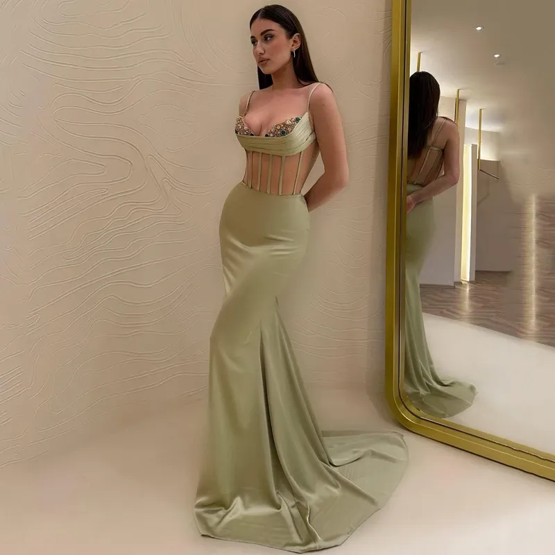 Charming Light Green Sweetheart Mermaid Prom Party Dress Satin Spaghetti Strap Open Back Evening Dresses