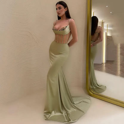 Charming Light Green Sweetheart Mermaid Prom Party Dress Satin Spaghetti Strap Open Back Evening Dresses