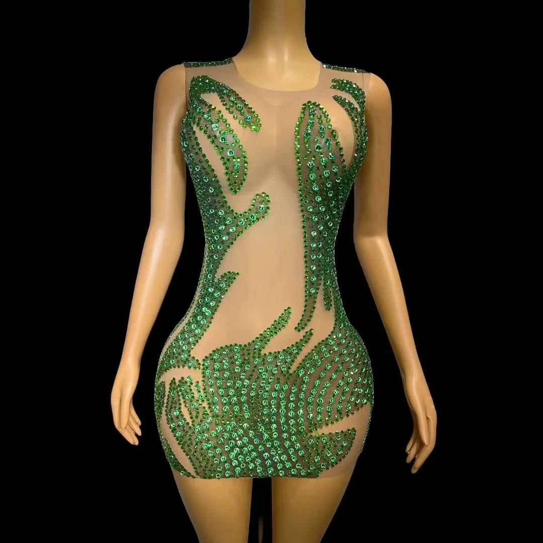 Vestido transparente nude sexy com strass verde, roupa para festa de aniversário, transparente, traje de apresentação feminino lvyi C191