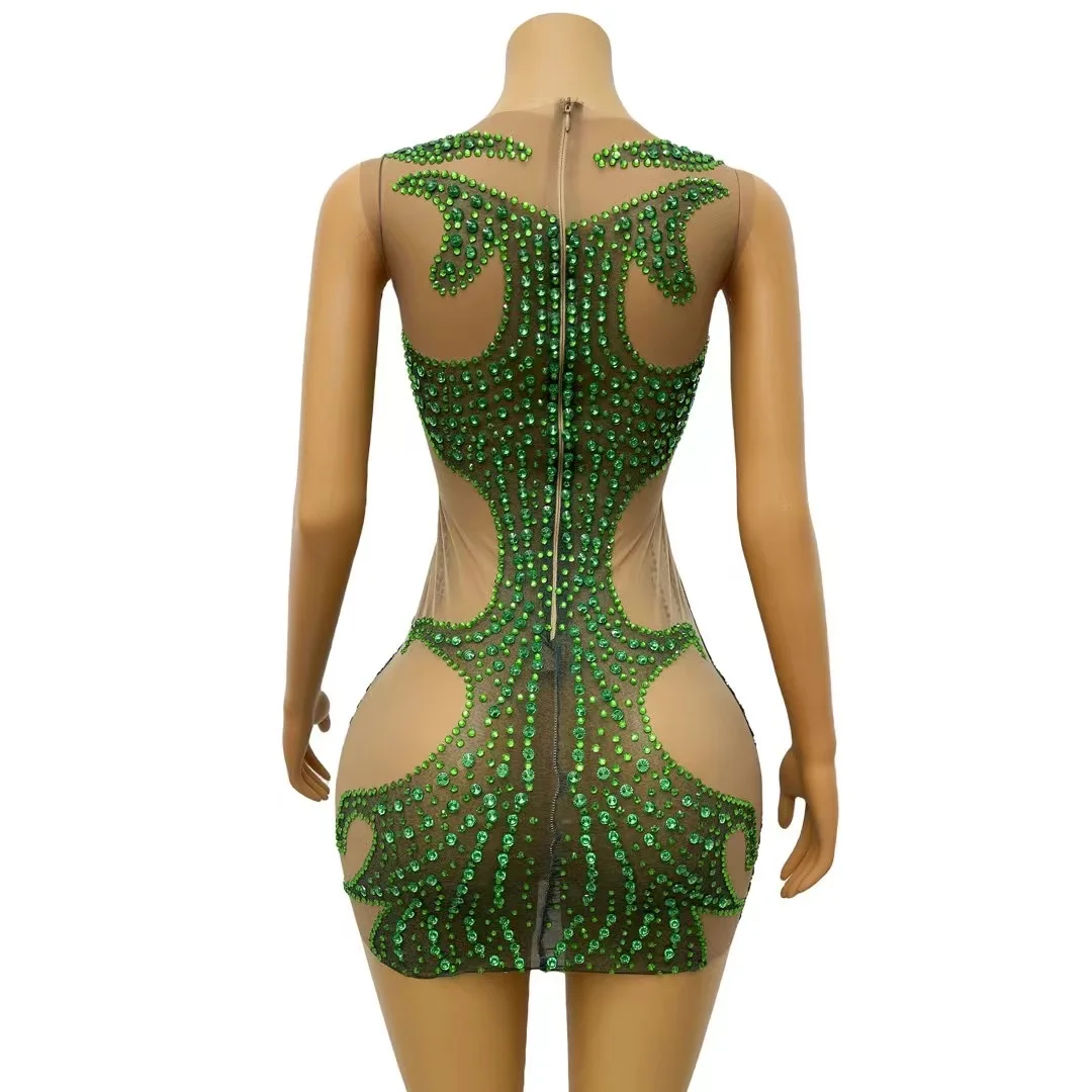 Vestido transparente nude sexy com strass verde, roupa para festa de aniversário, transparente, traje de apresentação feminino lvyi C191