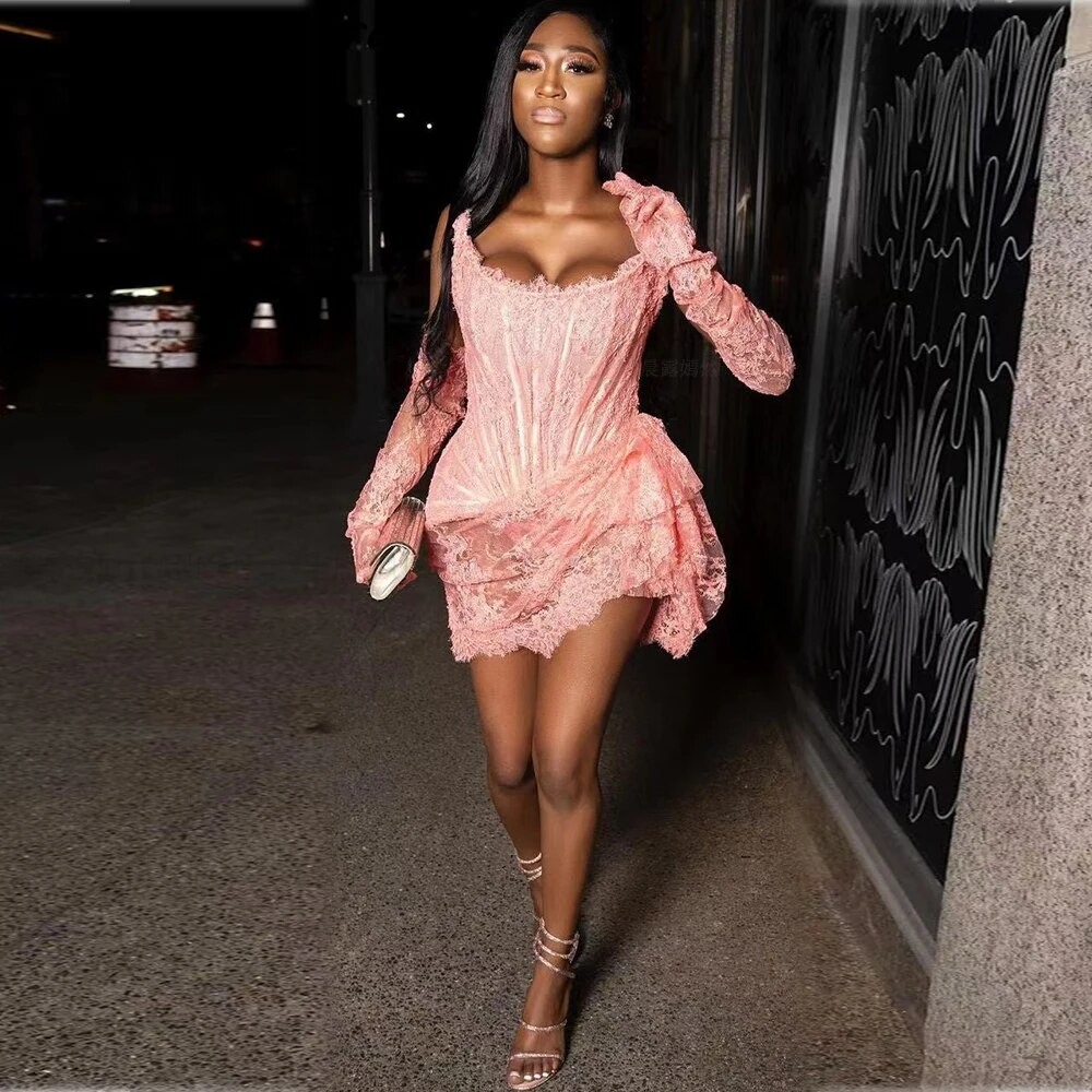Vestidos de fiesta sexys de encaje romántico rosa con guante, vestidos de fiesta de sirena negros para niña, vestidos de fiesta de cumpleaños con cordones, sin tirantes
