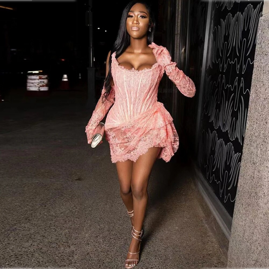 Vestidos de fiesta sexys de encaje romántico rosa con guante, vestidos de fiesta de sirena negros para niña, vestidos de fiesta de cumpleaños con cordones, sin tirantes