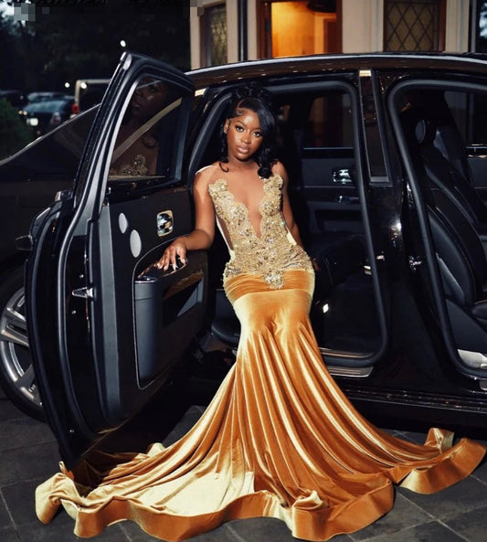 Vestidos de fiesta largos de terciopelo dorado cristalino invencibles para chicas negras, elegantes vestidos de graduación Rainstones, vestidos de novia africanos.