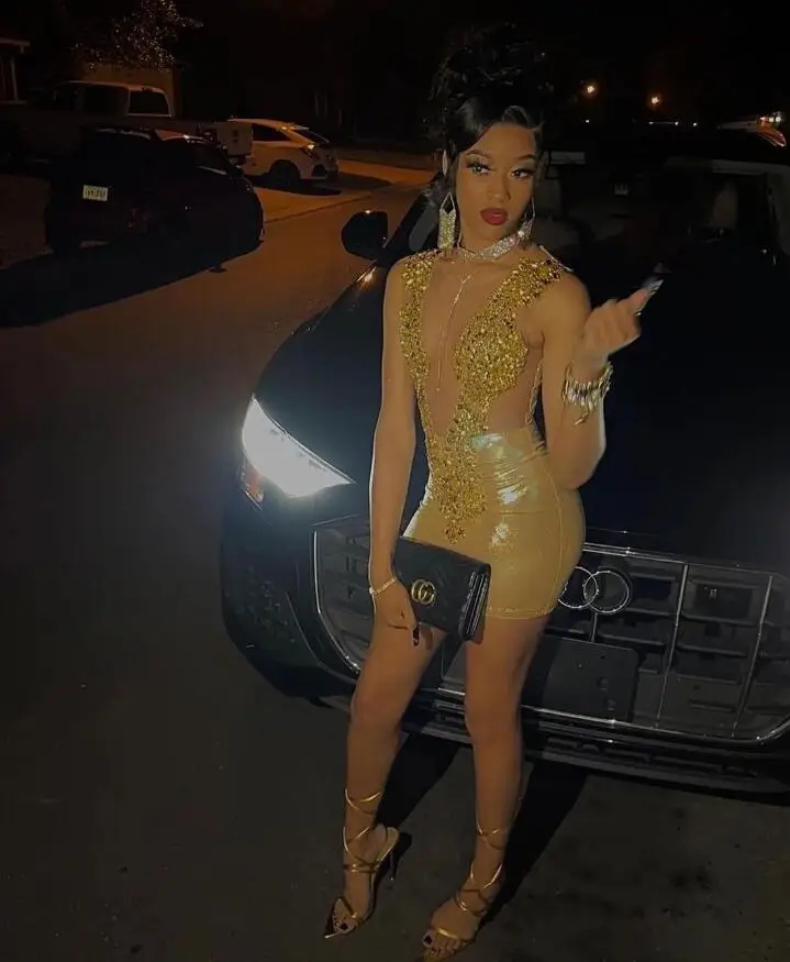 Sparkly Gold Mini Evening Cocktail Dress Luxury Diamond Crystal Black Girl Birthday Party Gown