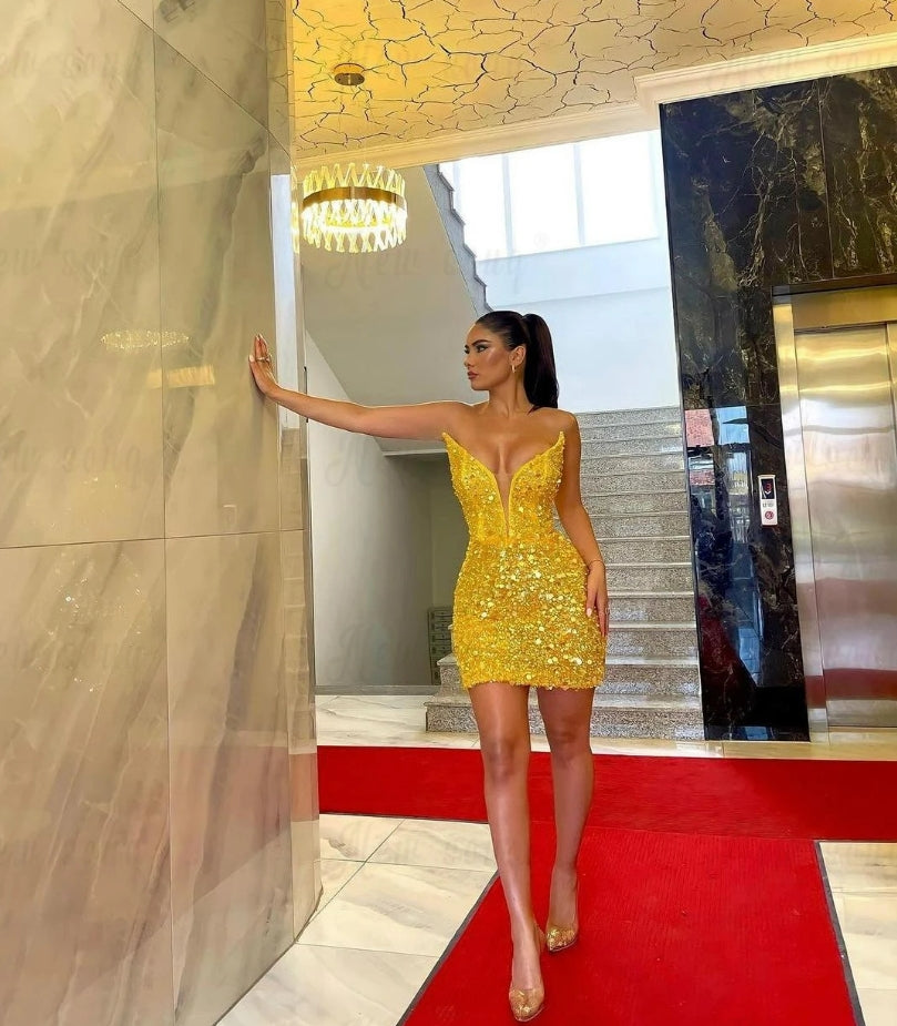 Gold Beaded Sequins Short Prom Dress Deep V Neck Cocktail Party Gowns Custom Made Graduation Homecoming Dresses Prom Gowns