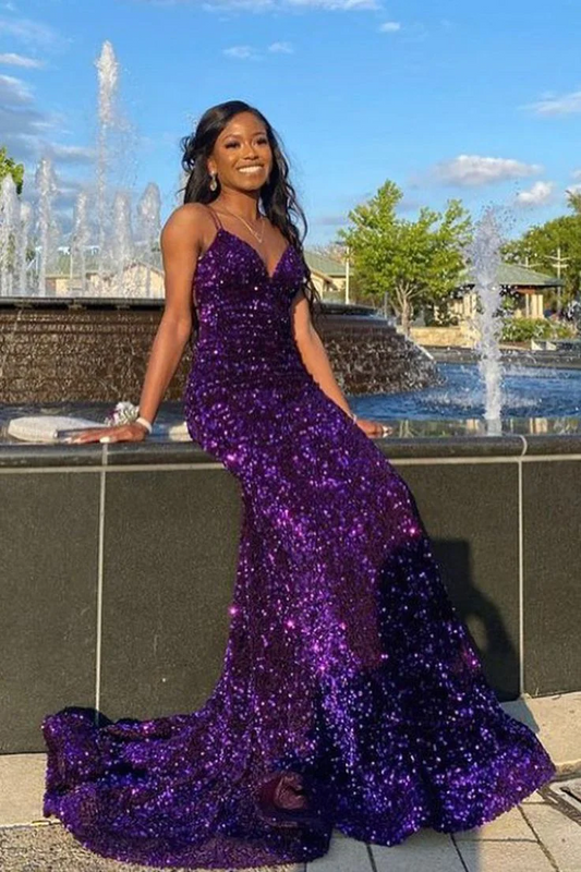 Vestido de fiesta largo de sirena con lentejuelas moradas