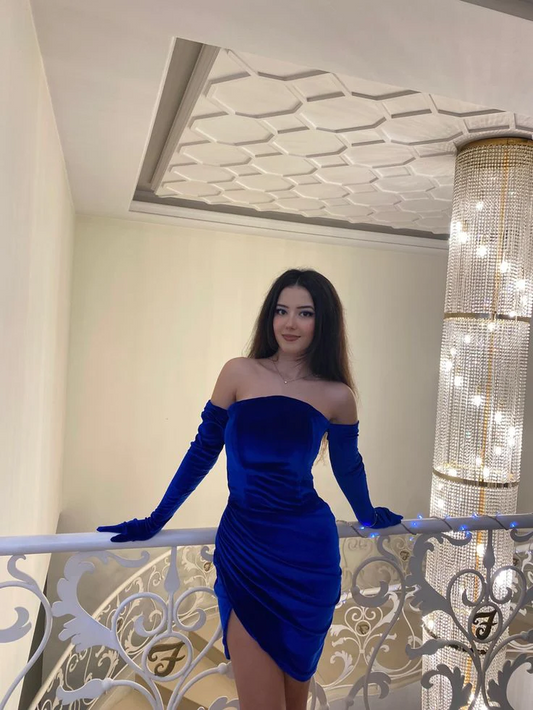 Vestido de fiesta plisado de terciopelo azul real sin tirantes, vestido de noche con guantes