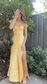 Vestido de fiesta largo amarillo con abertura y tiras espaguetis