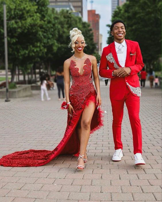 Vestido de fiesta con cola larga y lentejuelas rojas, vestido de noche con abertura