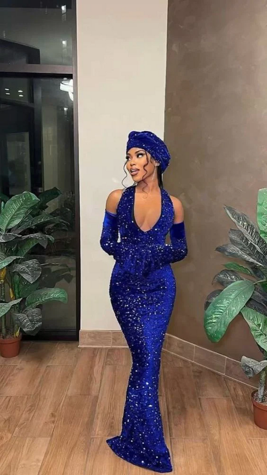 Vestidos de fiesta de sirena con lentejuelas azul real hasta el suelo para niñas negras