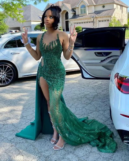 Emerald Green Mermaid Black Girl Prom Dress Sparkly Diamond Crystal Sl CHUMUSE Emerald Green Mermaid Black Girl Prom Dress Sparkly Diamond Crystal Sl CHUMUSE