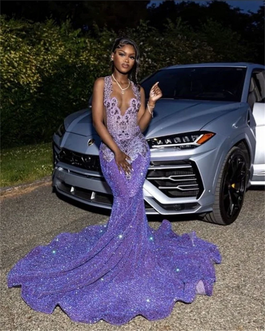 Vestido de fiesta de noche con brillantes diamantes de imitación en color morado y lavanda para chicas negras, con lentejuelas brillantes y cuentas de cristal.