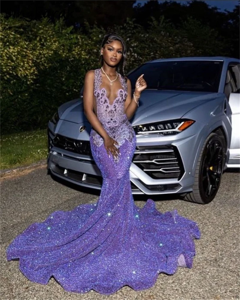 Vestido de fiesta de noche con brillantes diamantes de imitación en color morado y lavanda para chicas negras, con lentejuelas brillantes y cuentas de cristal.