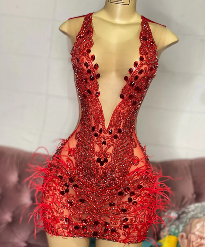 Red Sexy Sheer Feather Diamond Short Prom Dresses Black Girls Birthday – CHUMUSE Red Sexy Sheer Feather Diamond Short Prom Dresses Black Girls Birthday – CHUMUSE