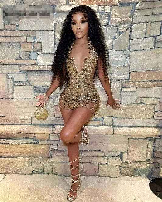 Glitter Diamonds Birthday Party Gowns Halter Sparkly Crystals Rhinestones Gown Prom Dresses For Black Girls