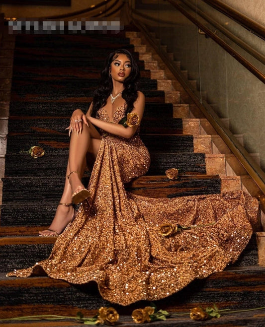 Champagne Sheer O Neck Long Prom Dress For Black Girls Sparkly Birthday Party Dresses High Slit Evening Gowns Mermaid