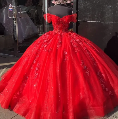 Red Princess Quinceanera Dresses Off Shoudler Sparkly Applique Corset