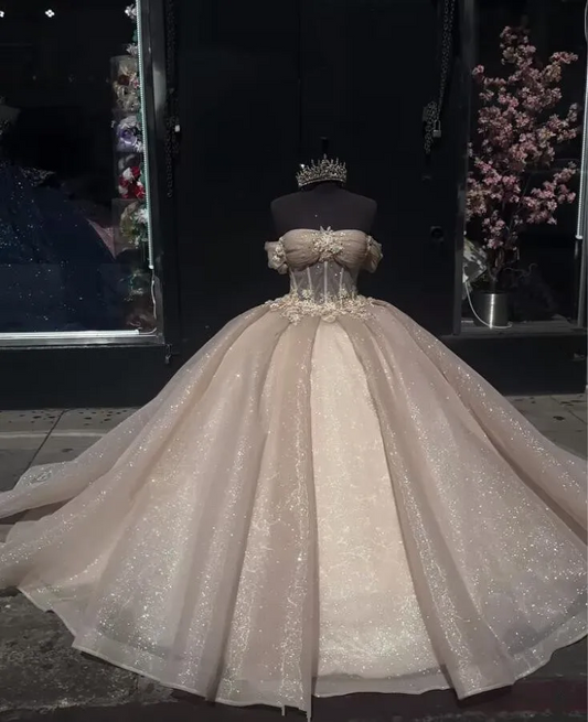 Champanhe brilhante princesa quinceanera vestidos fora do ombro gillter espartilho vestidos de 15 años quinceañeras doce 16 baile
