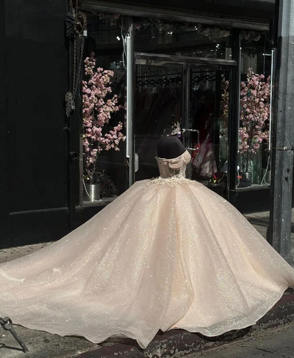 Champagne Sparkly Princess Quinceanera Dresses Off Shoulder Gillter Corset vestidos de 15 años quinceañeras Sweet 16 prom
