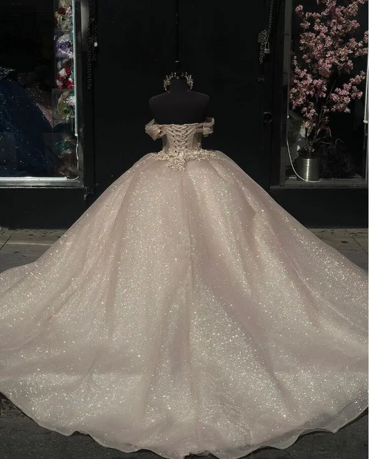 Champanhe brilhante princesa quinceanera vestidos fora do ombro gillter espartilho vestidos de 15 años quinceañeras doce 16 baile