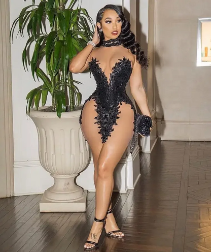 Black Stretch Mini Evening Cocktail Dress For Women Crystals Lace Sheer Mesh Birthday Queen Gown
