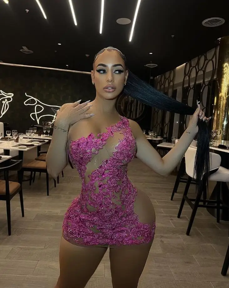 Robe de soirée courte rose fuchsia avec dentelle et cristaux transparents pour fille, tenue de fête d'anniversaire
