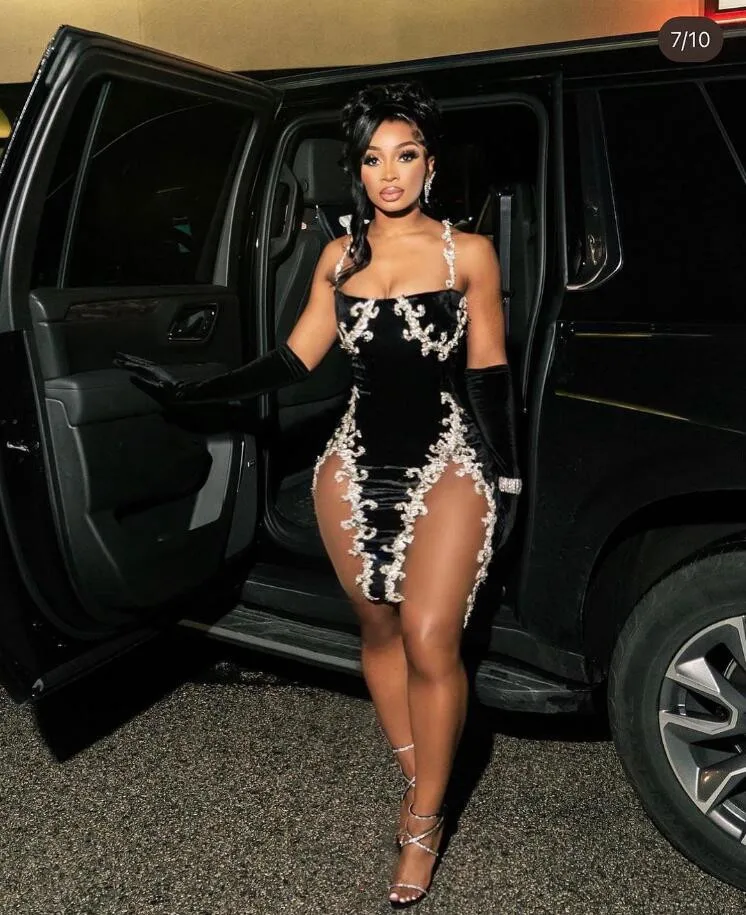 Robe de soirée courte en velours noir à paillettes et diamants pour femme, en maille transparente, avec perles de cristal, pour fête d'anniversaire, pour fille