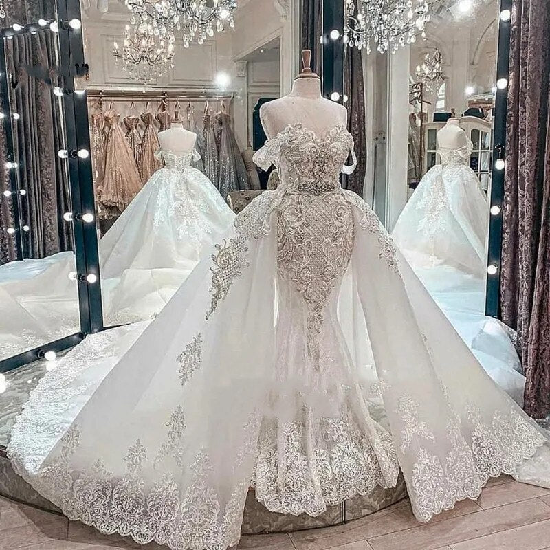 Vestidos de noiva luxuosos, estilo sereia, com cauda removível e apliques de renda, robe de mariee, vestidos de noiva princesa
