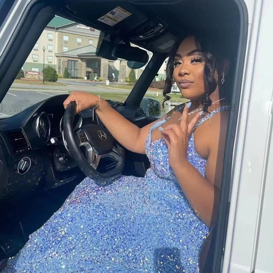 Vestidos longos de baile plus size sensuais para meninas negras, vestidos de festa de aniversário com lantejoulas brilhantes, vestido de noite azul-celeste sereia