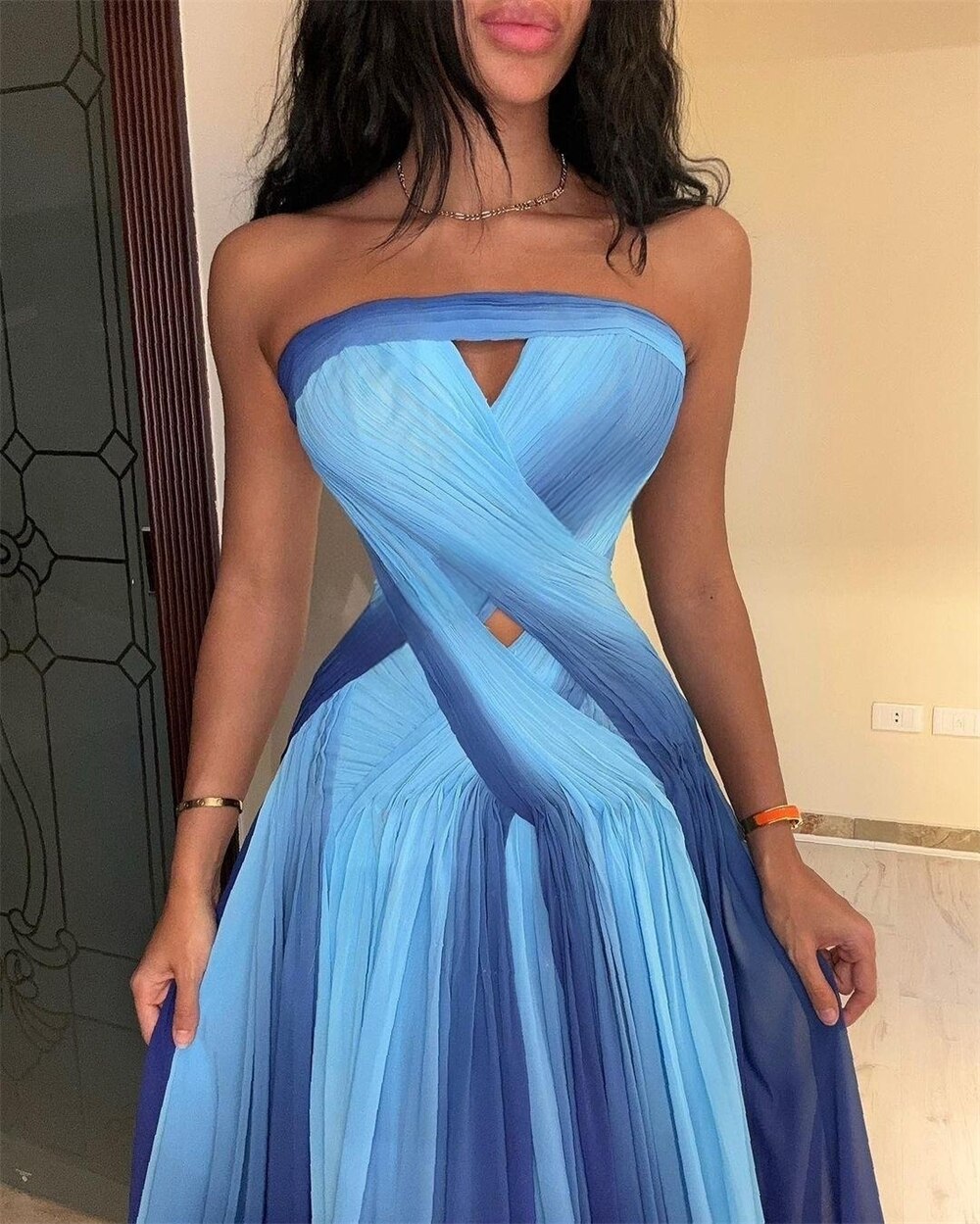 Prom Dresses Exquisite Strapless A-line Celebrity Fold Draped Chiffon Occasion Evening Gown