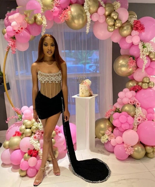 Vestidos curtos e sensuais de veludo preto para baile de meninas negras, com contas de cristal e pérolas, para festa de aniversário e coquetel