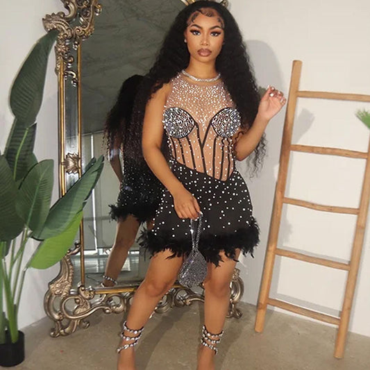Vestido de festa de aniversário feminino com strass, pérolas, diamantes, penas, malha transparente, festa de formatura, boate, vestidos de noite