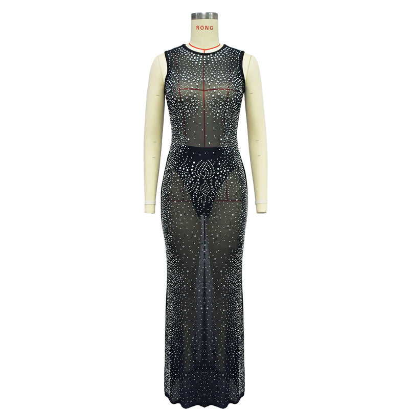 Vestido longo justo com cristais brilhantes e strass para noite de Natal, de malha transparente, para mulheres, para aniversário 