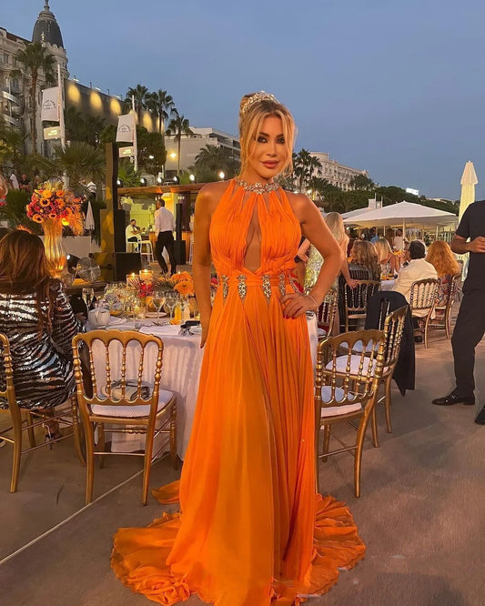 Vestidos de festa de formatura sensuais em chiffon laranja para mulheres, gola alta com contas brilhantes, comprimento até o chão, vestidos formais de aniversário e noite