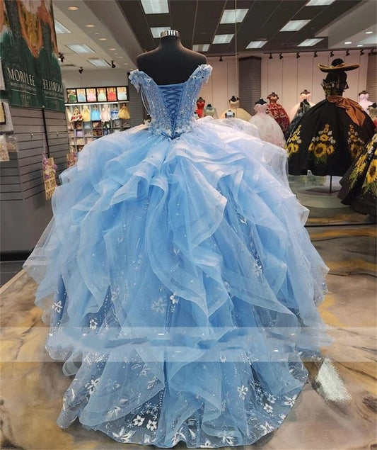 Vestidos de quinceanera de renda azul-celeste elegantes para meninas com ombros de fora e apliques de contas, vestidos plus size para festa de aniversário à noite