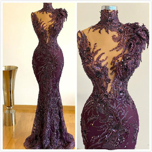 Vestidos de fiesta de graduación de sirena de estilo árabe de lujo con encaje de uva y cuentas de talla grande para ocasiones formales de noche 