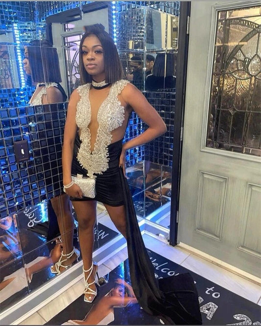 Vestidos de baile sensuais de veludo preto para meninas, minivestidos de baile com cristais e contas para festa de aniversário Abiti Da