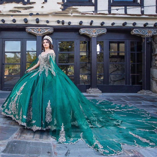 Vestidos de quinceanera verde-escuro com ombros à mostra, apliques, vestidos de festa de aniversário com capa, concurso de beleza, formatura, 16 anos