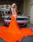 Vestido de fiesta largo, sexy, naranja, transparente, con cuello redondo, para chicas negras, con cuentas y cristales, para fiesta de cumpleaños y noche. 