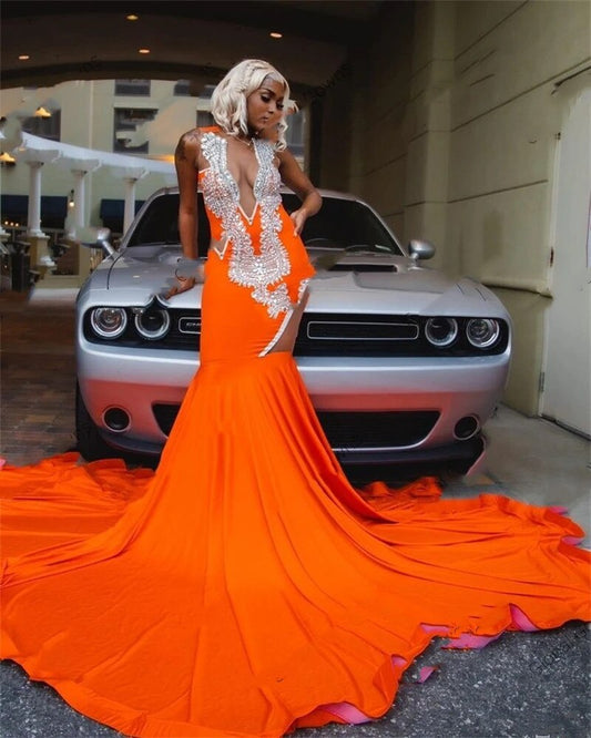 Vestido de fiesta largo, sexy, naranja, transparente, con cuello redondo, para chicas negras, con cuentas y cristales, para fiesta de cumpleaños y noche. 