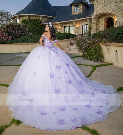 Lilac Princess Ball Gown Quinceanera Dresses Off Shoulder Butterfly Appliques