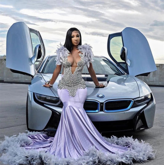 Vestidos de baile roxo claro com borlas prateadas e contas de cristal, vestido de aniversário estilo sereia