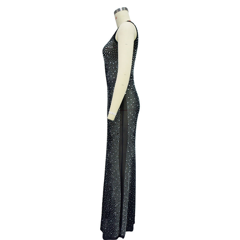 Vestido longo justo com cristais brilhantes e strass para noite de Natal, de malha transparente, para mulheres, para aniversário 