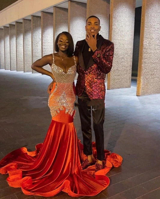 Vestidos de fiesta de sirena con cuentas brillantes para chicas negras, de terciopelo naranja, tallas grandes, para fiestas formales de cumpleaños y ocasiones especiales. 